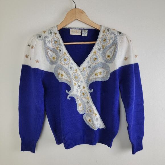 Jaclyn Smith Vintage 80s Womens Beaded Sweater size M Blue V-Neck Pullover - Picture 11 of 11